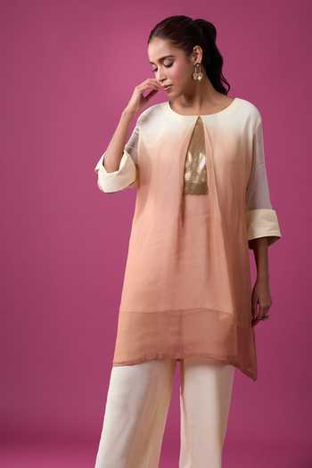 Shop_Khwaab By Sanjana Lakhani_Ivory Silk Embroidery Round Neck Ombre Kurta And Pant Set _Online_at_Aza_Fashions
