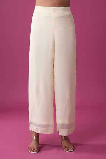 Khwaab By Sanjana Lakhani_Ivory Silk Embroidery Round Neck Ombre Kurta And Pant Set _at_Aza_Fashions