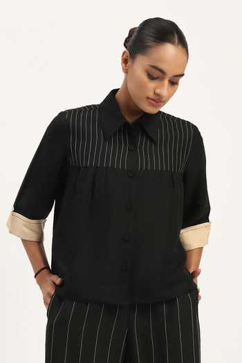 ABRAHAM AND THAKORE_Black Linen Collared Pleated Top _Online_at_Aza_Fashions