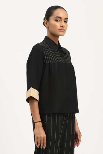 Buy_ABRAHAM AND THAKORE_Black Linen Collared Pleated Top _Online_at_Aza_Fashions