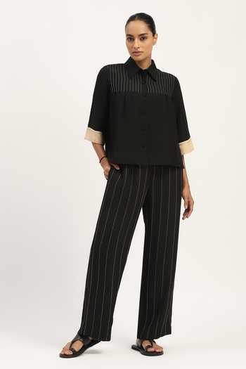 Shop_ABRAHAM AND THAKORE_Black Linen Collared Pleated Top _Online_at_Aza_Fashions