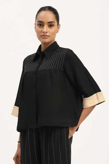 ABRAHAM AND THAKORE_Black Linen Collared Pleated Top _at_Aza_Fashions