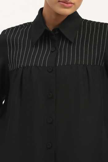 Buy_ABRAHAM AND THAKORE_Black Linen Collared Pleated Top 