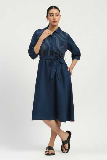 ABRAHAM AND THAKORE_Navy Linen Collared Pleated Dress _Online_at_Aza_Fashions