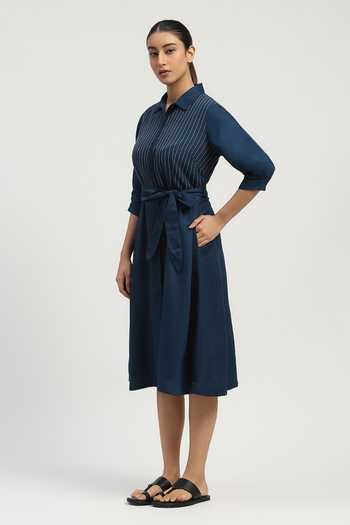 Buy_ABRAHAM AND THAKORE_Navy Linen Collared Pleated Dress _Online_at_Aza_Fashions