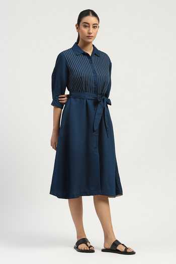 Shop_ABRAHAM AND THAKORE_Navy Linen Collared Pleated Dress _Online_at_Aza_Fashions
