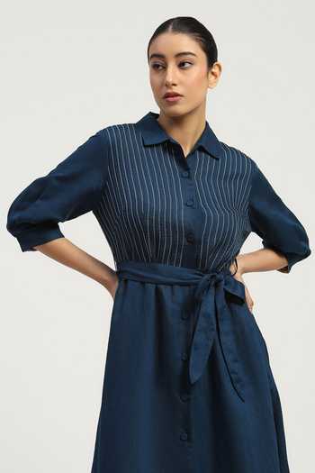 ABRAHAM AND THAKORE_Navy Linen Collared Pleated Dress _at_Aza_Fashions