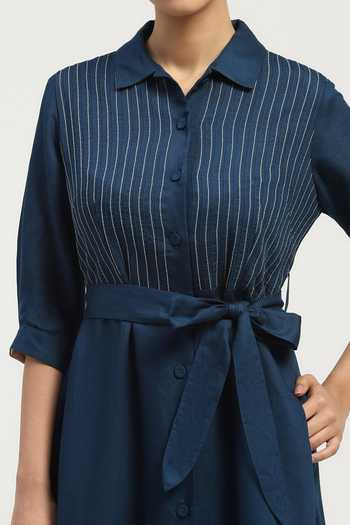 Buy_ABRAHAM AND THAKORE_Navy Linen Collared Pleated Dress 