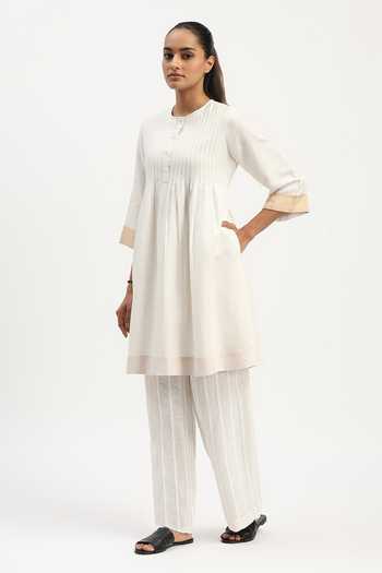 ABRAHAM AND THAKORE_Ivory Linen Round Neck Pleated Tunic _Online_at_Aza_Fashions