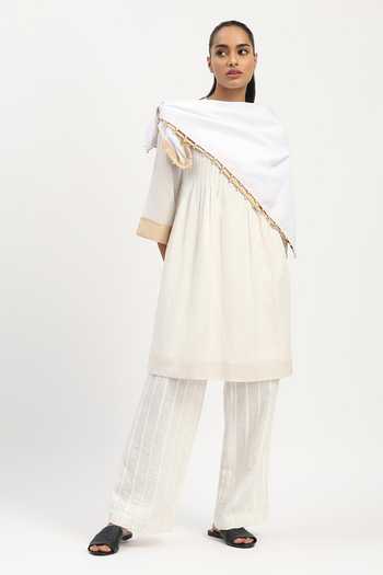 Shop_ABRAHAM AND THAKORE_Ivory Linen Round Neck Pleated Tunic _Online_at_Aza_Fashions
