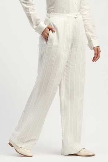 ABRAHAM AND THAKORE_Ivory Linen Pleated Trouser _at_Aza_Fashions