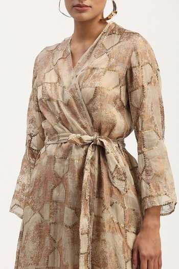 Shop_ABRAHAM AND THAKORE_Beige Organza Sequins, Foil Printing V-neck Tesselation Jacket _Online_at_Aza_Fashions