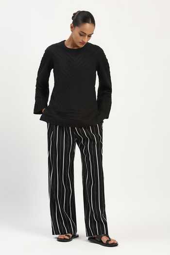 Abraham And Thakore_Black Voile Round Neck Pleated Sushi Top _Online_at_Aza_Fashions