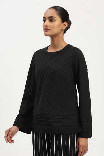 Buy_Abraham And Thakore_Black Voile Round Neck Pleated Sushi Top _Online_at_Aza_Fashions