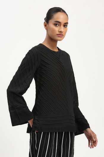 Shop_Abraham And Thakore_Black Voile Round Neck Pleated Sushi Top _Online_at_Aza_Fashions