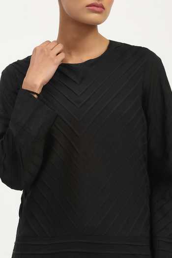 Abraham And Thakore_Black Voile Round Neck Pleated Sushi Top _at_Aza_Fashions