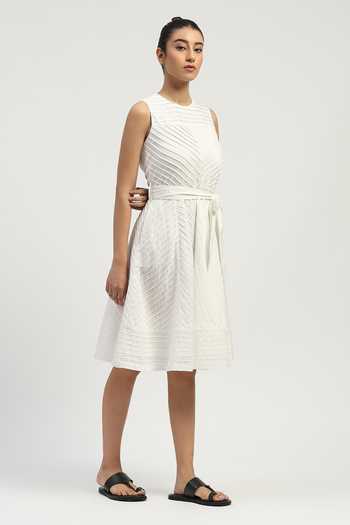 Abraham And Thakore Ivory Voile Round Neck Sleeveless Pleated Dress Online at Aza Fashions Abraham And Thakore_Ivory Voile Round Neck Sleeveless Pleated Dress _Online_at_Aza_Fashions