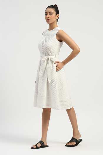 Shop Abraham And Thakore Ivory Voile Round Neck Sleeveless Pleated Dress Online at Aza Fashions Shop_Abraham And Thakore_Ivory Voile Round Neck Sleeveless Pleated Dress _Online_at_Aza_Fashions