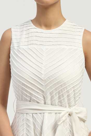 Abraham And Thakore Ivory Voile Round Neck Sleeveless Pleated Dress at Aza Fashions Abraham And Thakore_Ivory Voile Round Neck Sleeveless Pleated Dress _at_Aza_Fashions