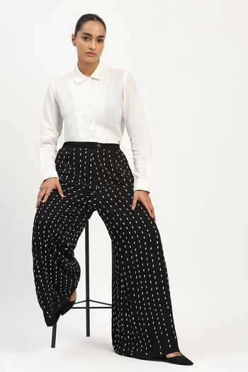 ABRAHAM AND THAKORE_Ivory Cotton, Linen Embroidery Mandarin Collar Stab Stitchline Shirt _Online_at_Aza_Fashions