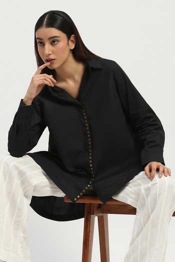 ABRAHAM AND THAKORE_Black Poplin Studs Collared Placket Shirt _Online_at_Aza_Fashions
