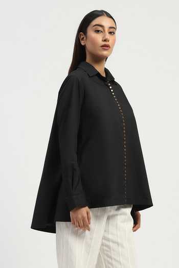 Shop_ABRAHAM AND THAKORE_Black Poplin Studs Collared Placket Shirt _Online_at_Aza_Fashions