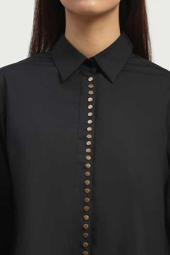 ABRAHAM AND THAKORE_Black Poplin Studs Collared Placket Shirt _at_Aza_Fashions