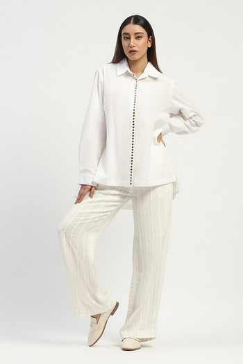ABRAHAM AND THAKORE_Ivory Poplin Studs Collared Embellished Shirt _Online_at_Aza_Fashions