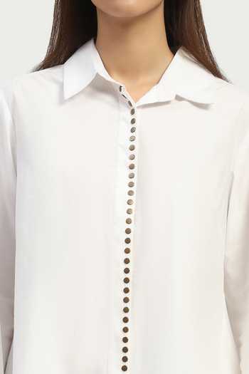 Shop_ABRAHAM AND THAKORE_Ivory Poplin Studs Collared Embellished Shirt _Online_at_Aza_Fashions