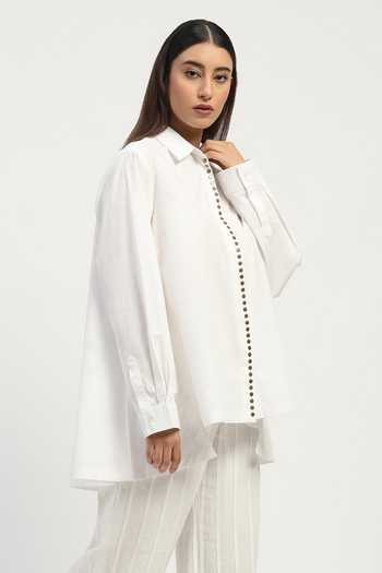 ABRAHAM AND THAKORE_Ivory Poplin Studs Collared Embellished Shirt _at_Aza_Fashions