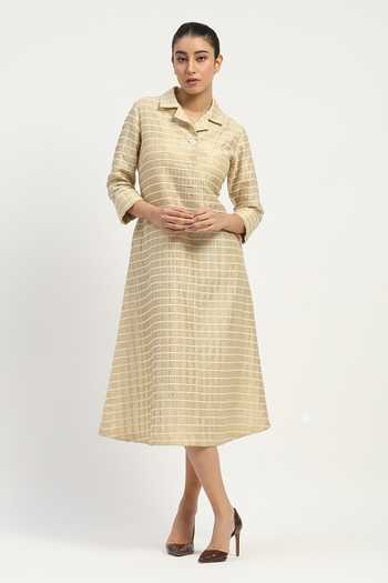 Abraham And Thakore_Beige Chanderi Applique Collared Pleat And Tape Dress _Online_at_Aza_Fashions