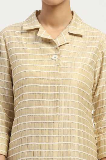 Buy_Abraham And Thakore_Beige Chanderi Applique Collared Pleat And Tape Dress _Online_at_Aza_Fashions