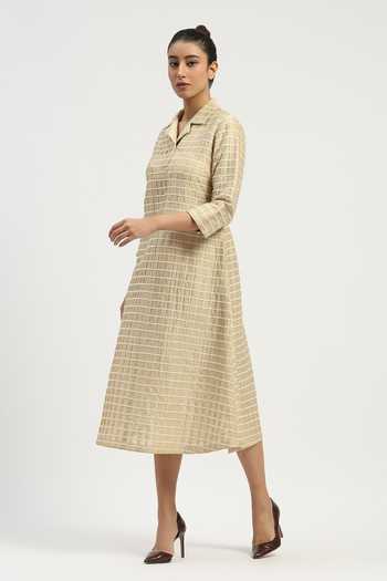 Shop_Abraham And Thakore_Beige Chanderi Applique Collared Pleat And Tape Dress _Online_at_Aza_Fashions