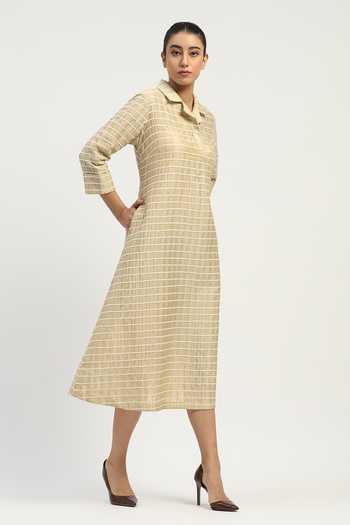 Abraham And Thakore_Beige Chanderi Applique Collared Pleat And Tape Dress _at_Aza_Fashions