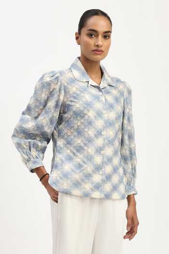 ABRAHAM AND THAKORE_Blue Embroidery, Cut Work Collared Lattice Shirt _Online_at_Aza_Fashions