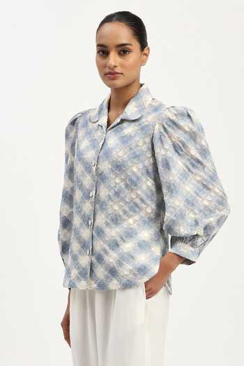 Buy_ABRAHAM AND THAKORE_Blue Embroidery, Cut Work Collared Lattice Shirt _Online_at_Aza_Fashions