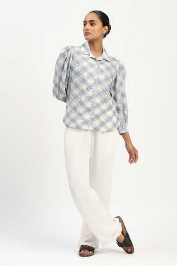 Shop_ABRAHAM AND THAKORE_Blue Embroidery, Cut Work Collared Lattice Shirt _Online_at_Aza_Fashions