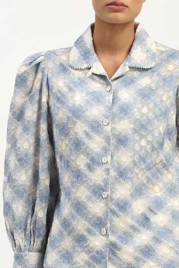 ABRAHAM AND THAKORE_Blue Embroidery, Cut Work Collared Lattice Shirt _at_Aza_Fashions