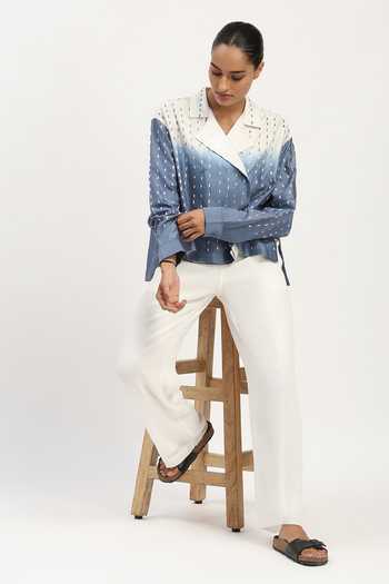 ABRAHAM AND THAKORE_Blue Chanderi Embroidery Notched Neck Ombre Thread Shirt _Online_at_Aza_Fashions