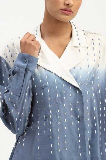 Buy_ABRAHAM AND THAKORE_Blue Chanderi Embroidery Notched Neck Ombre Thread Shirt _Online_at_Aza_Fashions