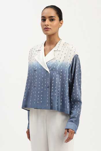 Shop_ABRAHAM AND THAKORE_Blue Chanderi Embroidery Notched Neck Ombre Thread Shirt _Online_at_Aza_Fashions