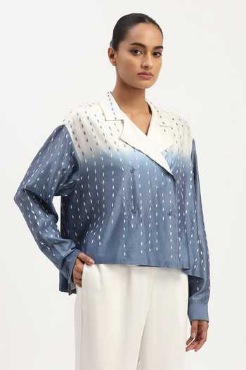 ABRAHAM AND THAKORE_Blue Chanderi Embroidery Notched Neck Ombre Thread Shirt _at_Aza_Fashions