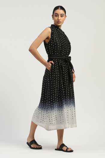 ABRAHAM AND THAKORE_Black Chanderi Embroidery Shawl Neck Ombre Stab Stitch Long Dress _Online_at_Aza_Fashions