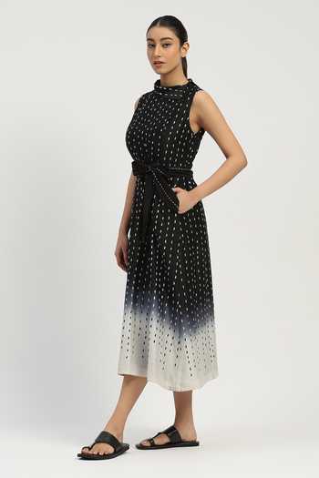 Buy_ABRAHAM AND THAKORE_Black Chanderi Embroidery Shawl Neck Ombre Stab Stitch Long Dress _Online_at_Aza_Fashions