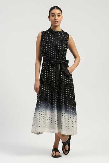 Shop_ABRAHAM AND THAKORE_Black Chanderi Embroidery Shawl Neck Ombre Stab Stitch Long Dress _Online_at_Aza_Fashions