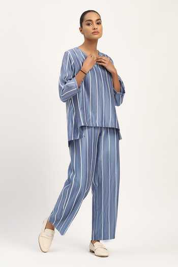 Abraham And Thakore_Blue Chanderi Embroidery V-neck Tape Stripe Pattern Top _Online_at_Aza_Fashions