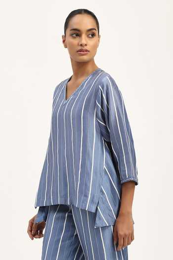 Buy_Abraham And Thakore_Blue Chanderi Embroidery V-neck Tape Stripe Pattern Top _Online_at_Aza_Fashions