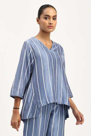 Shop_Abraham And Thakore_Blue Chanderi Embroidery V-neck Tape Stripe Pattern Top _Online_at_Aza_Fashions