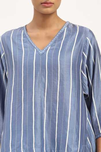 Abraham And Thakore_Blue Chanderi Embroidery V-neck Tape Stripe Pattern Top _at_Aza_Fashions