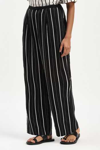 ABRAHAM AND THAKORE_Black Chanderi Embroidery Tape Stripe Trouser _Online_at_Aza_Fashions